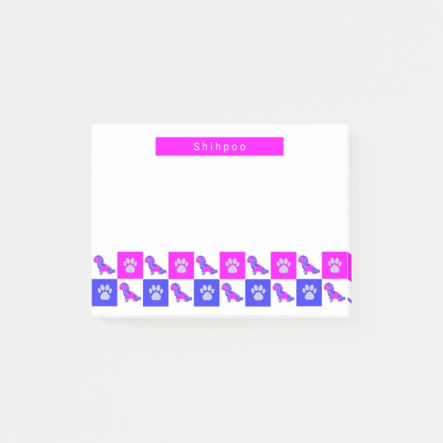 Shihpoo Silhouette Dog & Paw Hot Pink & Blue Post-it Klebezettel (Vorderseite)