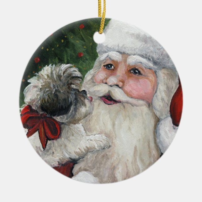 Shihtzu und Sankt-Hundekunst-Weihnachtsverzierung Keramikornament (Vorne)