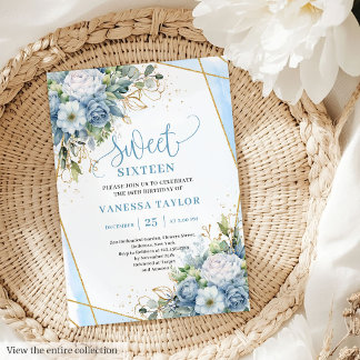 Shimmer Dusty Blue White Peonies Sweet 16 Einladun Einladung