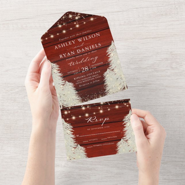 Shimmer Rustic Holz String Lichter Bäume Hochzeit All In One Einladung (Abreißen)