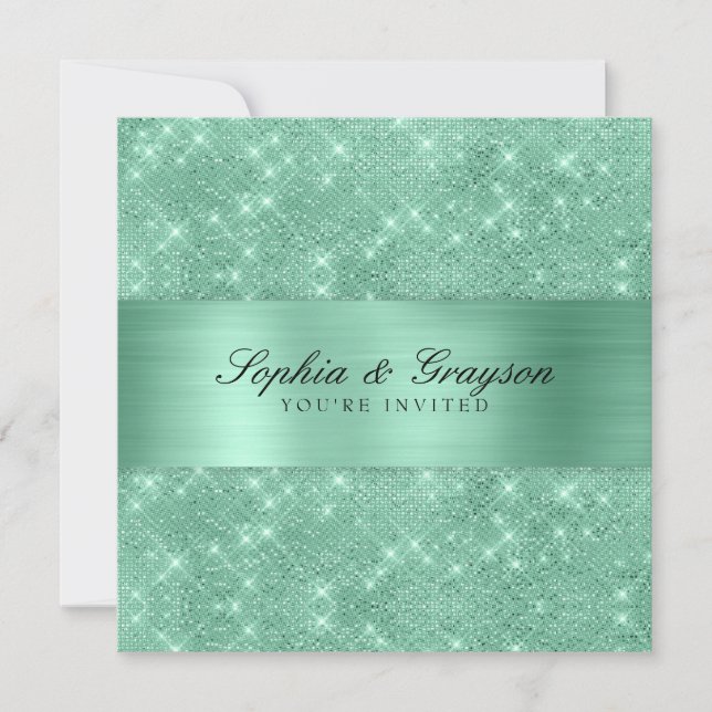Shimmer Strip Mint Green Sparkle Wedding Einladung (Vorderseite)