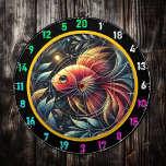 Shimmering Betta Dartboard Game Set Dartscheibe<br><div class="desc">Brighten Sie Ihr Spielzimmer oder Ihre Mannhöhle mit dem Shimmering Betta Dartboard Game Set. Mit einem fantastischen Bettfisch in zauberhaften türkisfarbenen, magentafarbenen und goldenen Farbtönen bringt dieses Dartboard die Schönheit des Unterwasserlebens an Ihre Wand. Die goldgelben Blasen auf schwarzem Hintergrund verleihen diesem Raum eine dramatische Touch und sind somit das...</div>
