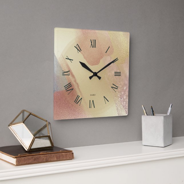 Shimmering Look Gold Brushstrokes Quadratische Wanduhr (Büro)