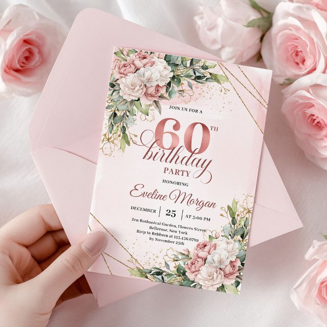 Shimmering Rose Gold Blush Pink 60th Birthday  Einladung (Shimmering Rose Gold Blush Pink 60th Birthday Invitation)