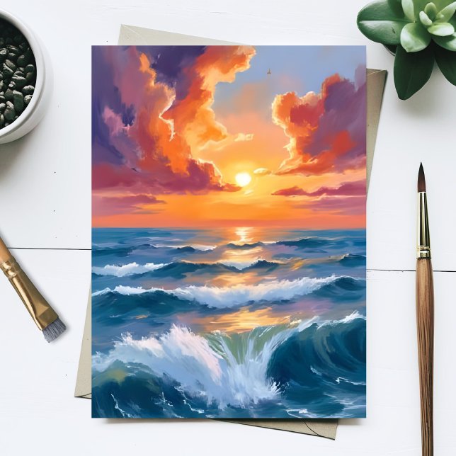 Shimmering Sea Sunset Ocean Watercolor Paint Card (Von Creator hochgeladen)