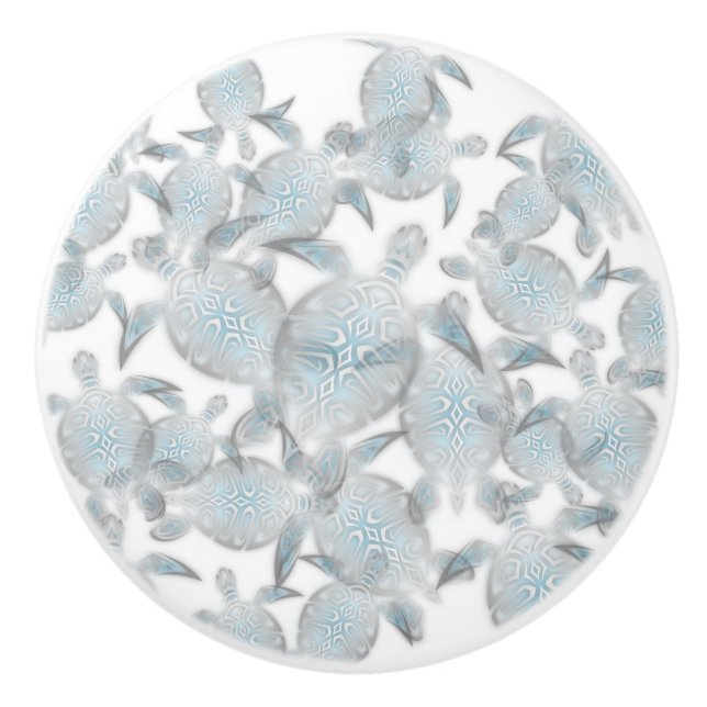 "Shimmering Sea Turtles" | Modern Silver Coastal Keramikknauf (Vorderseite)