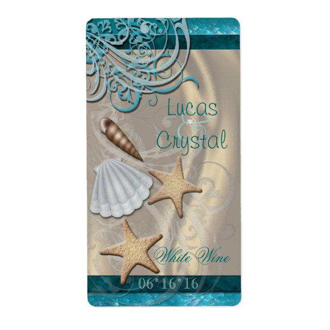 Shimmering Seashell Aquamarine Hochzeitsweinmarke (Vorne)