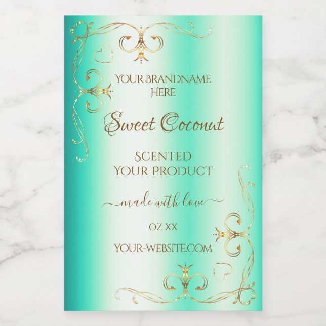 Shimmery Aquamarin Gold Verzierte Ornamente Produk Lebensmitteletikett (Einzelnes Label)