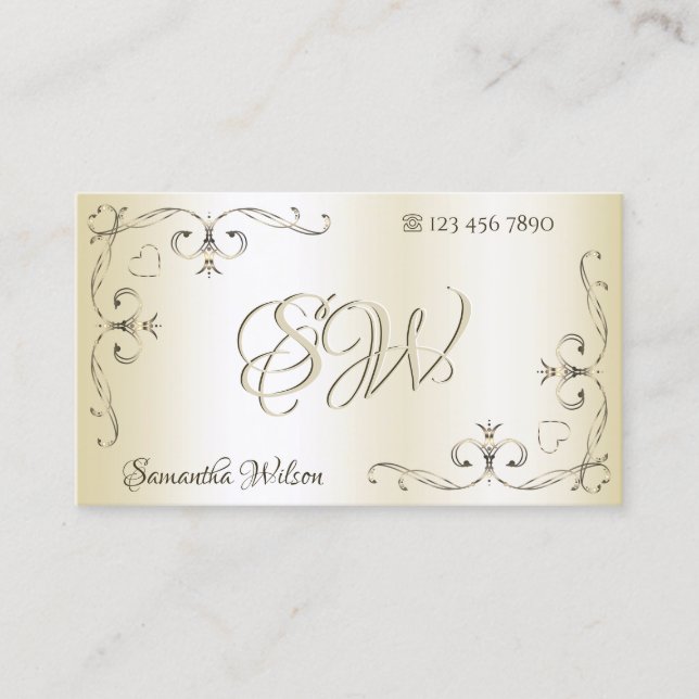 Shimmery Cream Verziert Corners Initials Ornamenta Visitenkarte (Vorderseite)