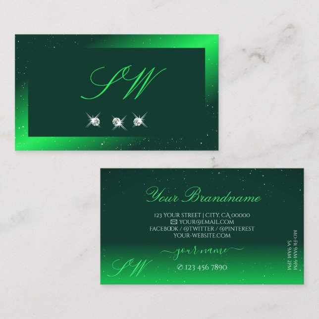 Shimmery Emerald Green Sparkling Diamonds Monogram Visitenkarte (Vorne/Hinten)