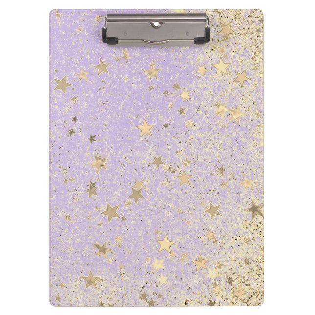 Shimmery Glittery Gold Stars auf dem Lavendel Note Klemmbrett (Vorderseite)