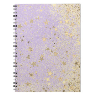 Shimmery Glittery Gold Stars auf dem Lavendel Notizblock