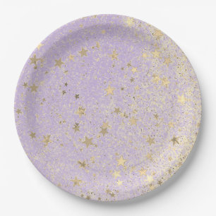 Shimmery Glittery Gold Stars auf dem Lavendel      Pappteller