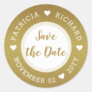 Shimmery Gold Glitzer Wedding Save the Date Runder Aufkleber