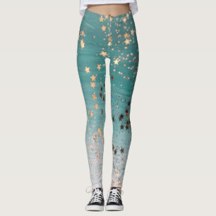 Shimmery Gold Stars auf Aquamarin Leggings