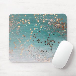 Shimmery Gold Stars auf Aquamarin Mousepad