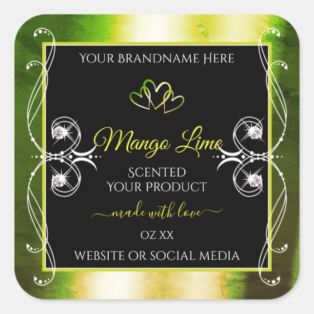 Shimmery Green Yellow Product Labels Jewels Black Quadratischer Aufkleber (Vorderseite)