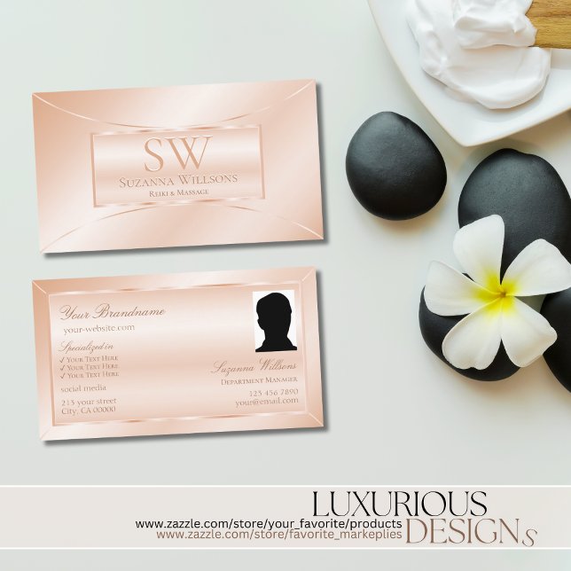 Shimmery Pastel Rose Coral mit Monogramm und Foto Visitenkarte (Von Creator hochgeladen)