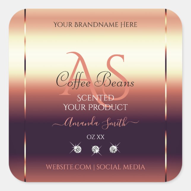 Shimmery Red Brown Product Labels Jewels Initials Quadratischer Aufkleber (Vorderseite)