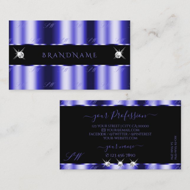Shimmery Royal Blue Black Sparkle Jewels Monogram Visitenkarte (Vorne/Hinten)