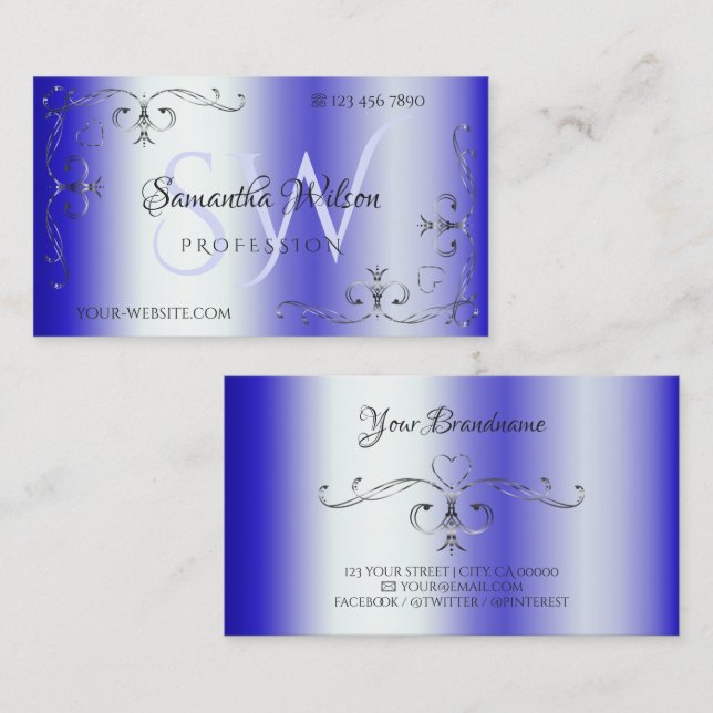 Shimmery Royal Blue Verziert Corner Border Initial Visitenkarte (Vorne/Hinten)