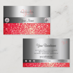 Shimmery Silver Sparkle Ruby Red Glitzer Monogram Visitenkarte
