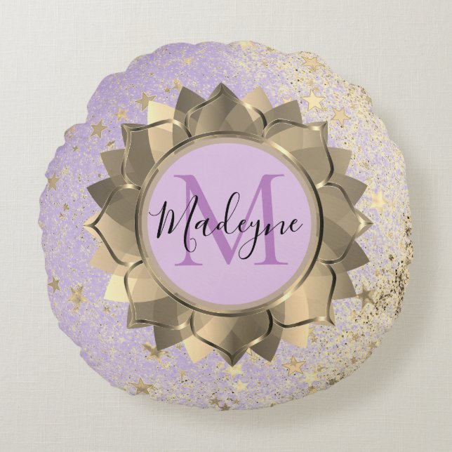 Shimmery Stars Gold Lotus Mandala Monogram Rundes Kissen (Vorderseite)