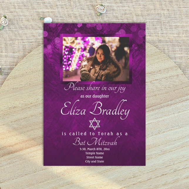 Shimmery Violet Bat Mitzvah Einladung mit Star (royal purple bat mitzvah quinceanera invitations)