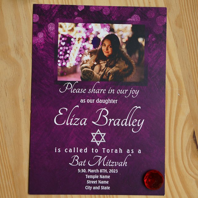 Shimmery Violet Bat Mitzvah Einladung mit Star (Purple violet shimmery bat mitzvah invitation with photo)