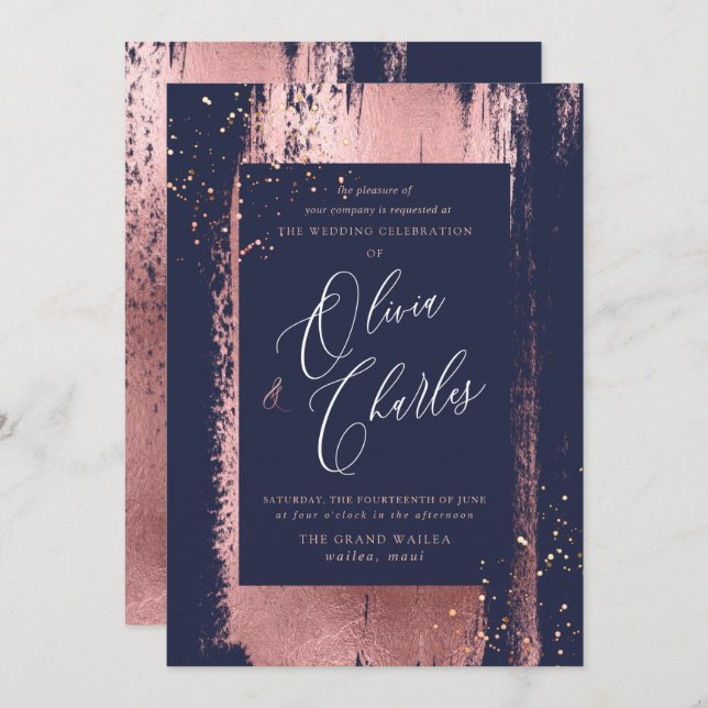 Shine, Imitate Metallische Rose Gold Pinselstriche Einladung (Vorne/Hinten)