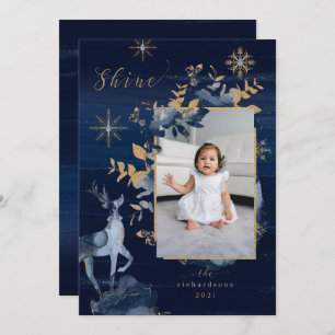 Shine Navy Gold Snowflakes Rentier & Jewels Foto Feiertagskarte