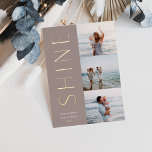 Shine on | Modern 3 Foto Collage Hanukkah Folien Feiertagskarte<br><div class="desc">Ein elegantes und elegantes Hanukkah-Kartendesign mit drei Fotos,  die rechts in einem vertikalen Layout ausgerichtet sind. "Shine" erscheint neben Ihrem Foto im modernen Goldfolientyp. Personalisieren Sie mit Ihrem Familiennamen und dem individuellen Hanukkah Gruß unten für die perfekte Touch zu diesen cool minimalistischen Urlaubsfotokarten.</div>