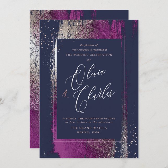 Shine, Winter Bliss Cassis Brush Strokes Navy Einladung (Vorne/Hinten)