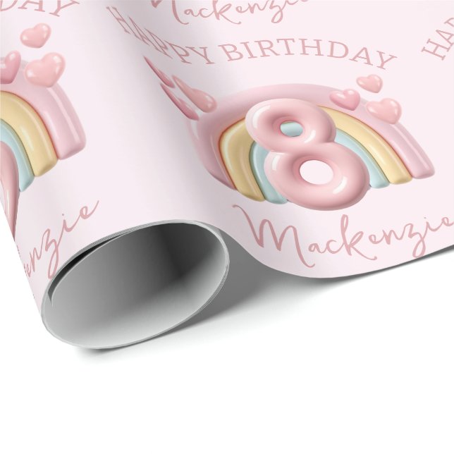 Shiny 3D Rainbow 8th Birthday Party For Girl Pink Geschenkpapier (Rolleneckpunkt)