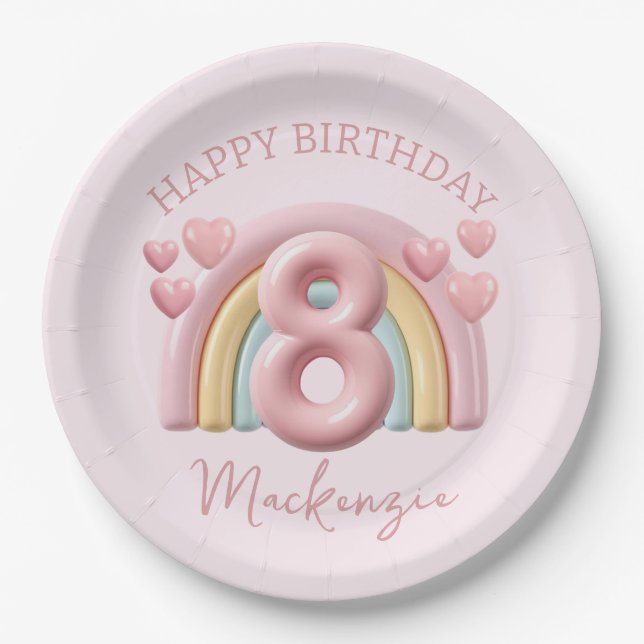 Shiny 3D Rainbow 8th Birthday Party for Girl Pink Pappteller (Vorderseite)