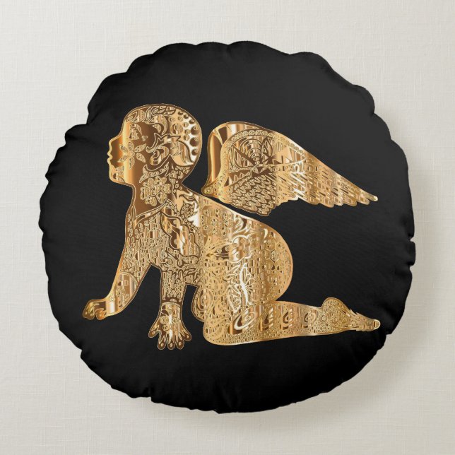 Shiny Baby Angel Wings Black Gold Angelic Rundes Kissen (Vorderseite)