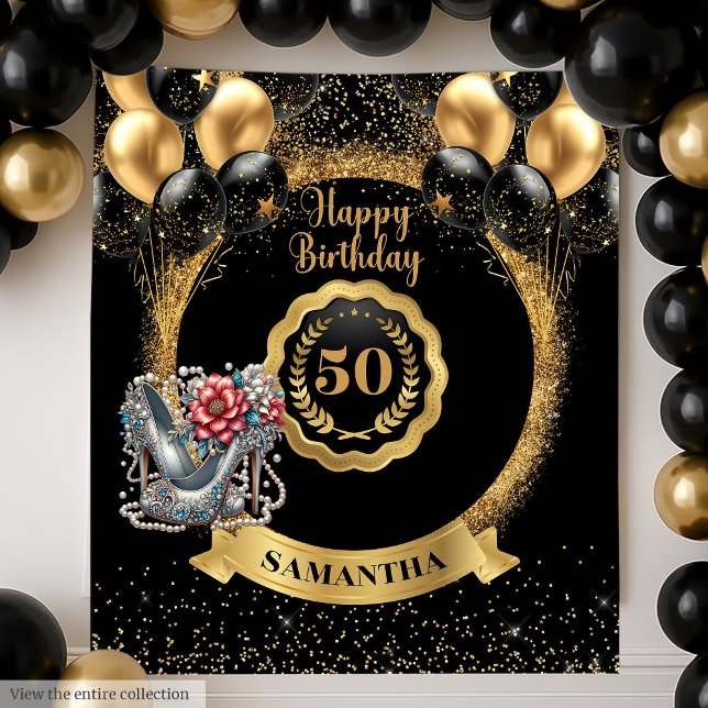 Shiny Black Gold Silver 50. Geburtstag Hintergrund Wandteppich (Shiny Black Gold Silver 50th Birthday Backdrop)
