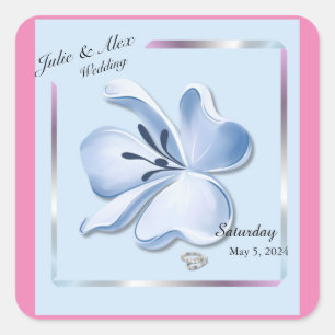 Shiny Blue Blume Wedding Wine Bottle Labels Quadratischer Aufkleber