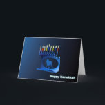 Shiny Blue Chanukkah Menorah Feiertagskarte<br><div class="desc">Eine moderne,  metallische,  blaue Chanukkah-Menorah mit einem Löwen in Silhouette,  vor einem dunklen,  nachtähnlichen Hintergrund. Alle neun Kerzen sind beleuchtet. Text liest "Happy Hanukkah" auch in leuchtend blau und weiß.</div>