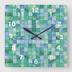 Shiny Blue Green Faux Glass Block Tile Mosaic Quadratische Wanduhr