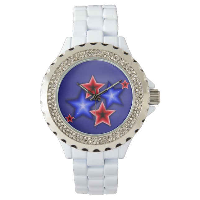 Shiny Blue & Red Stars Rhinestones White Watch Armbanduhr (Vorderseite)