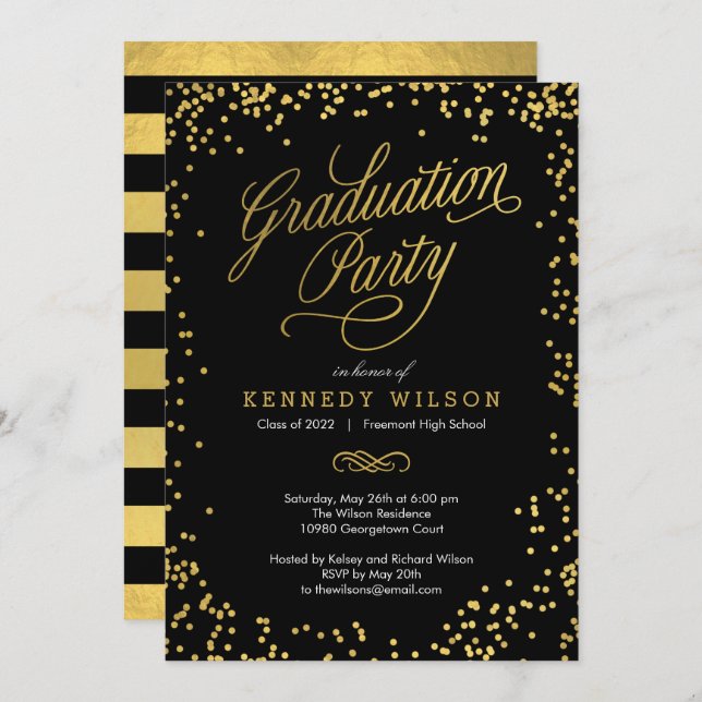 Shiny Confetti Graduation Party Einladung Black (Vorne/Hinten)