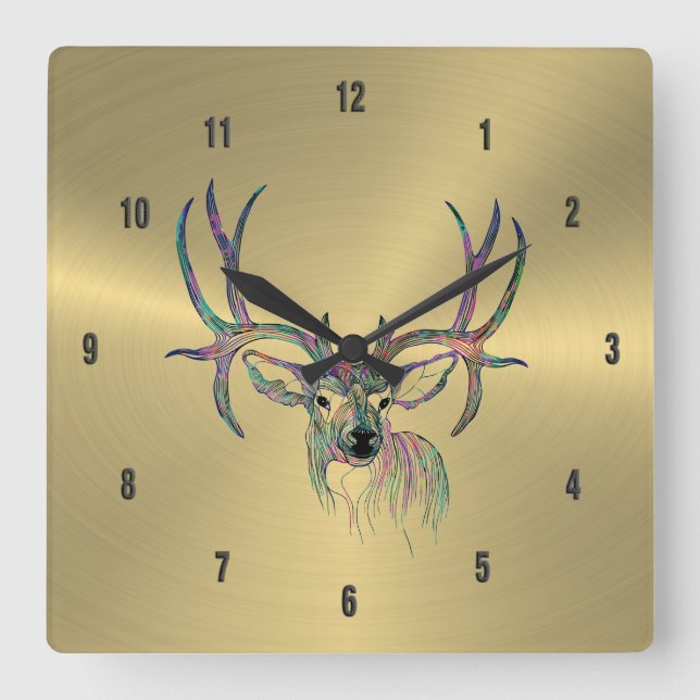 Shiny Falsch Gold& Colorful Deer Illustration Quadratische Wanduhr (Vorderseite)