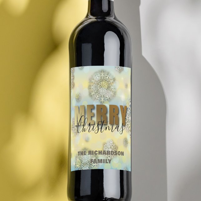 Shiny Filigree Snowflakes Gold Frohe Weihnachten Weinetikett (Von Creator hochgeladen)