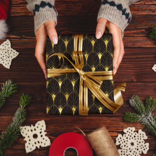 Shiny Gold Art Deco Muster auf schwarz Geschenkpapier