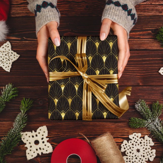 Shiny Gold Art Deco Muster auf schwarz Geschenkpapier (Von Creator hochgeladen)