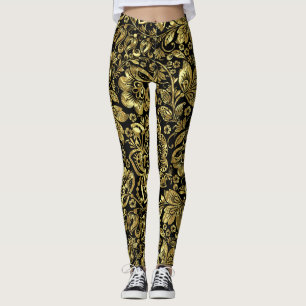Shiny Gold auf Schwarz Floral Damaskus Muster Leggings