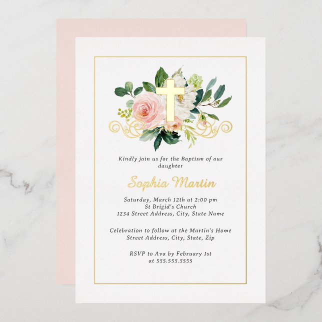 Shiny Gold Cross Hübsch rosa Bläsertaufen Folieneinladung (Vorderseite/Rückseite)