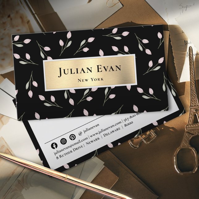 Shiny Gold Floral Black Business Card Visitenkarte (Von Creator hochgeladen)