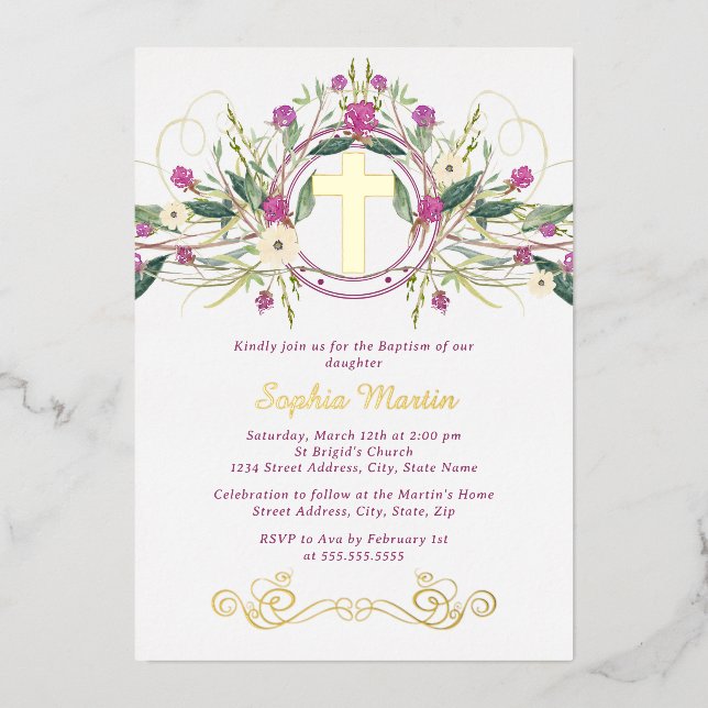 Shiny Gold Floral Cross Taufe Folieneinladung (Vorderseite)
